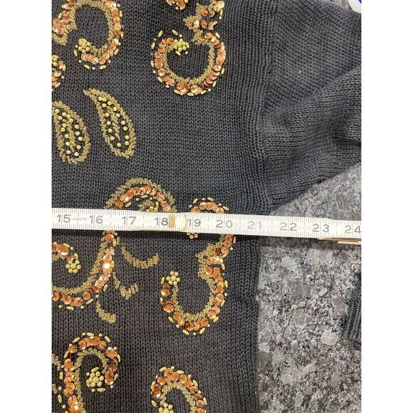 Vintage Black Sweater M ( 10-12 )Gold Beaded Sequins Glamour Party Pullover - Picture 6 of 7